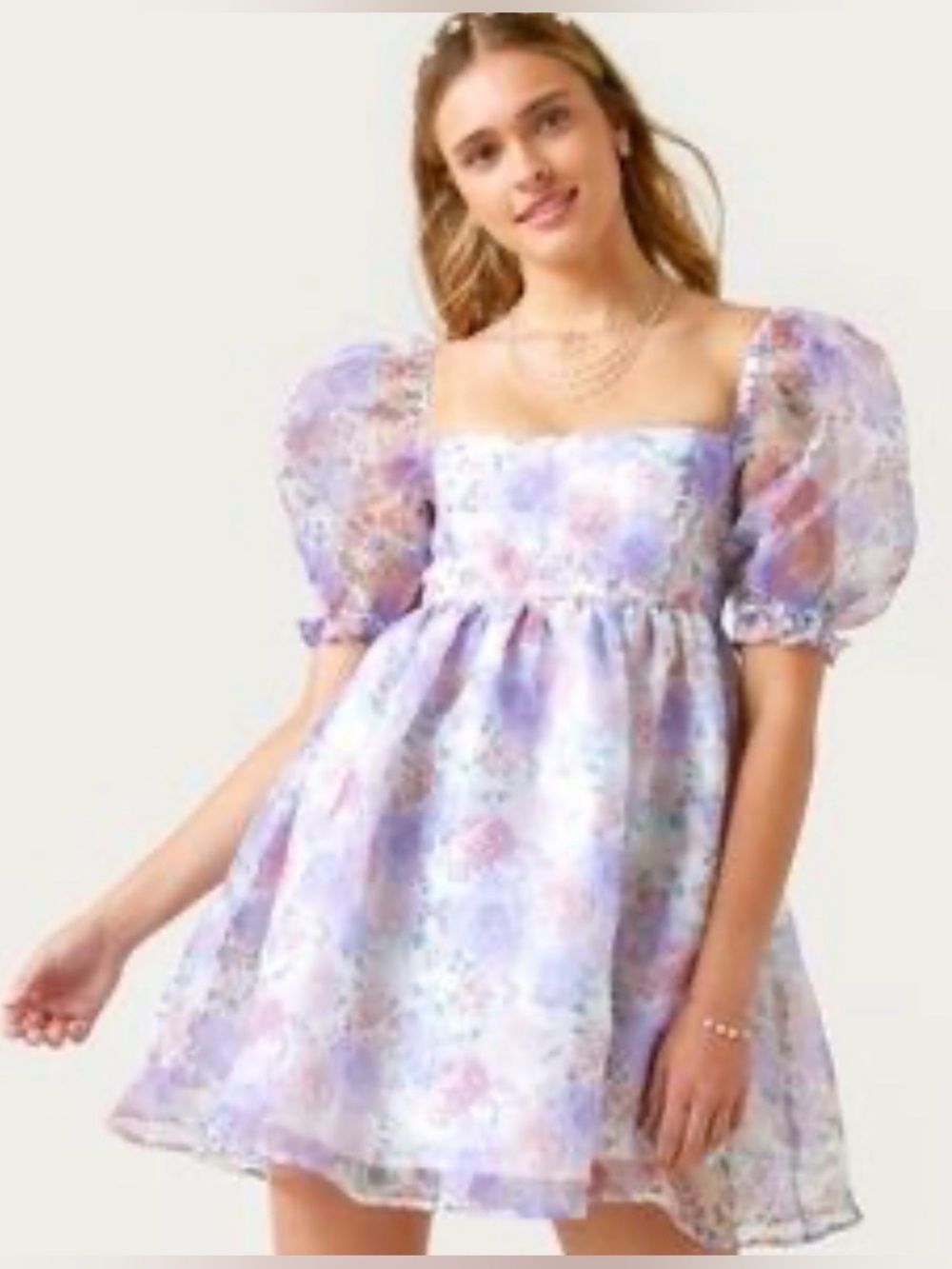 Audrey Parks Medium Sheer Purple Floral Chiffon Babydoll Puff Sleeves Mini Dress